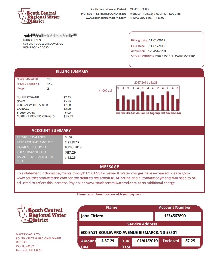 USA North Dakota South Central Regional Water District utility bill template in Word and PDF format